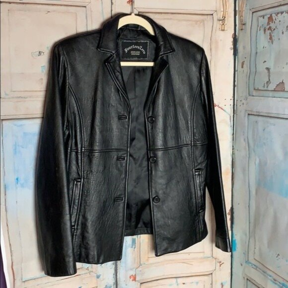 Fourteen Zero Womens Genuine Leather Black Fitted Jacket M Button Front - Picture 4 of 9